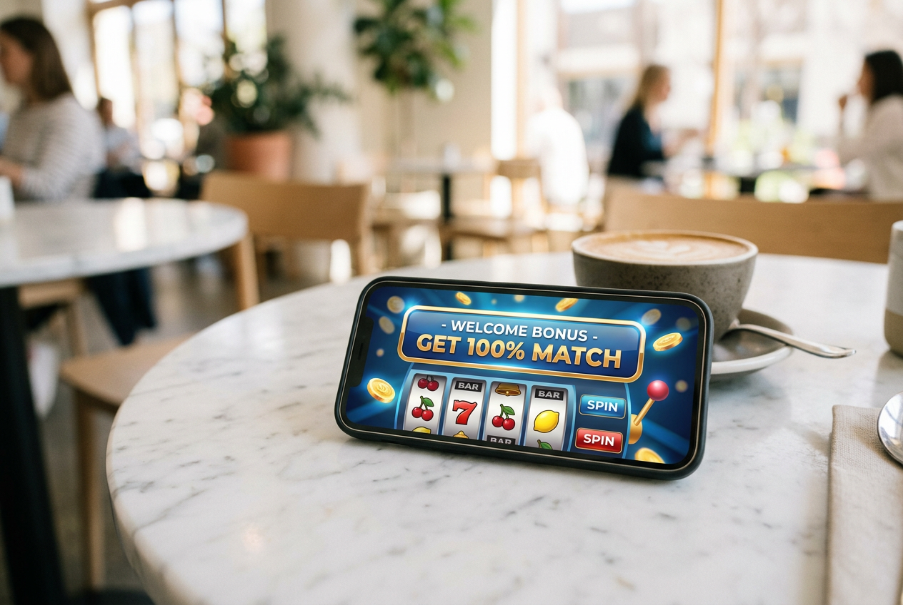 Modern smartphone showing a sleek online casino interface with poker chips and cards.